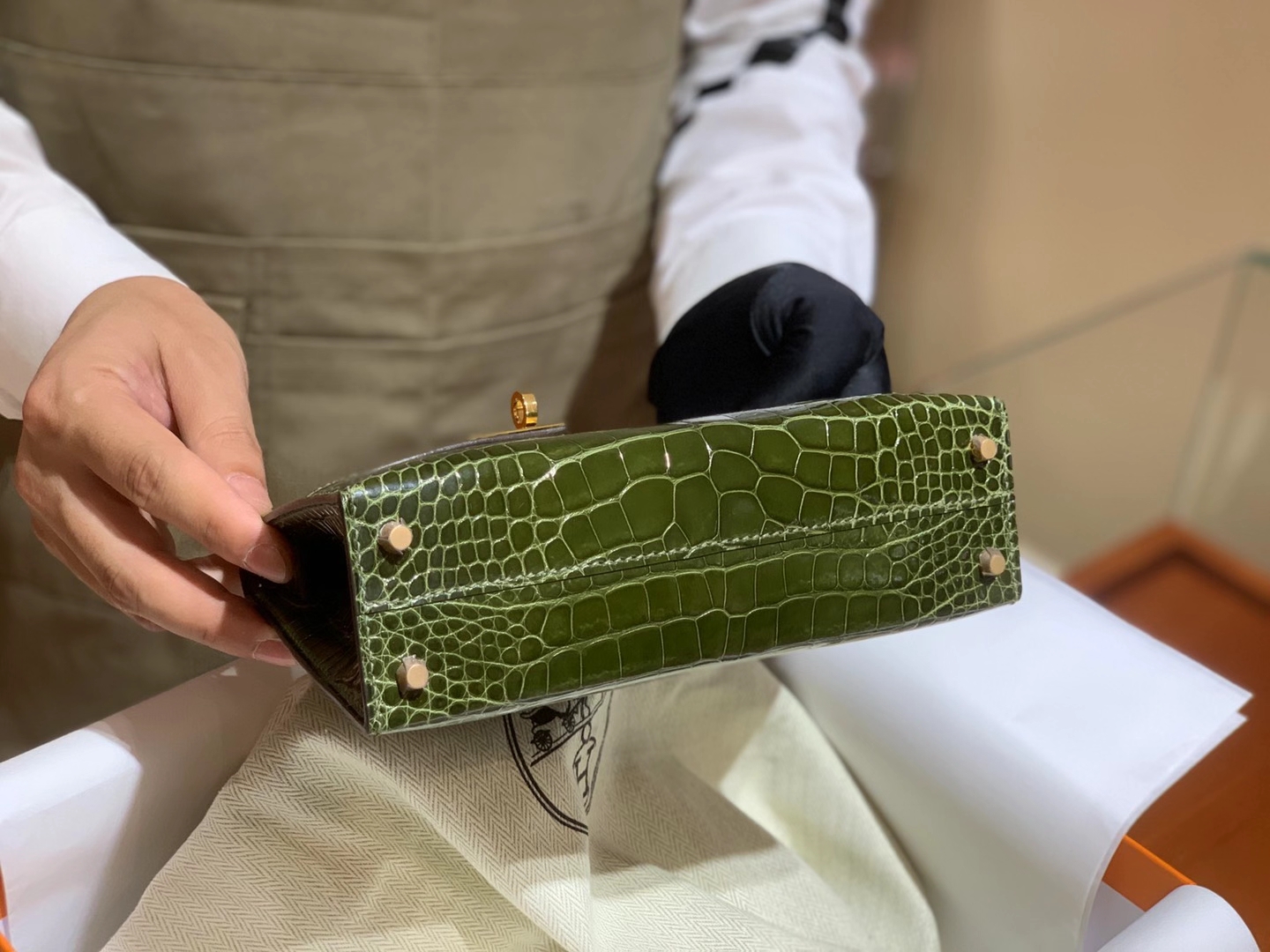 HERMES Kelly 二代鳄鱼 橄榄绿 金扣银扣 可定制 纯手工