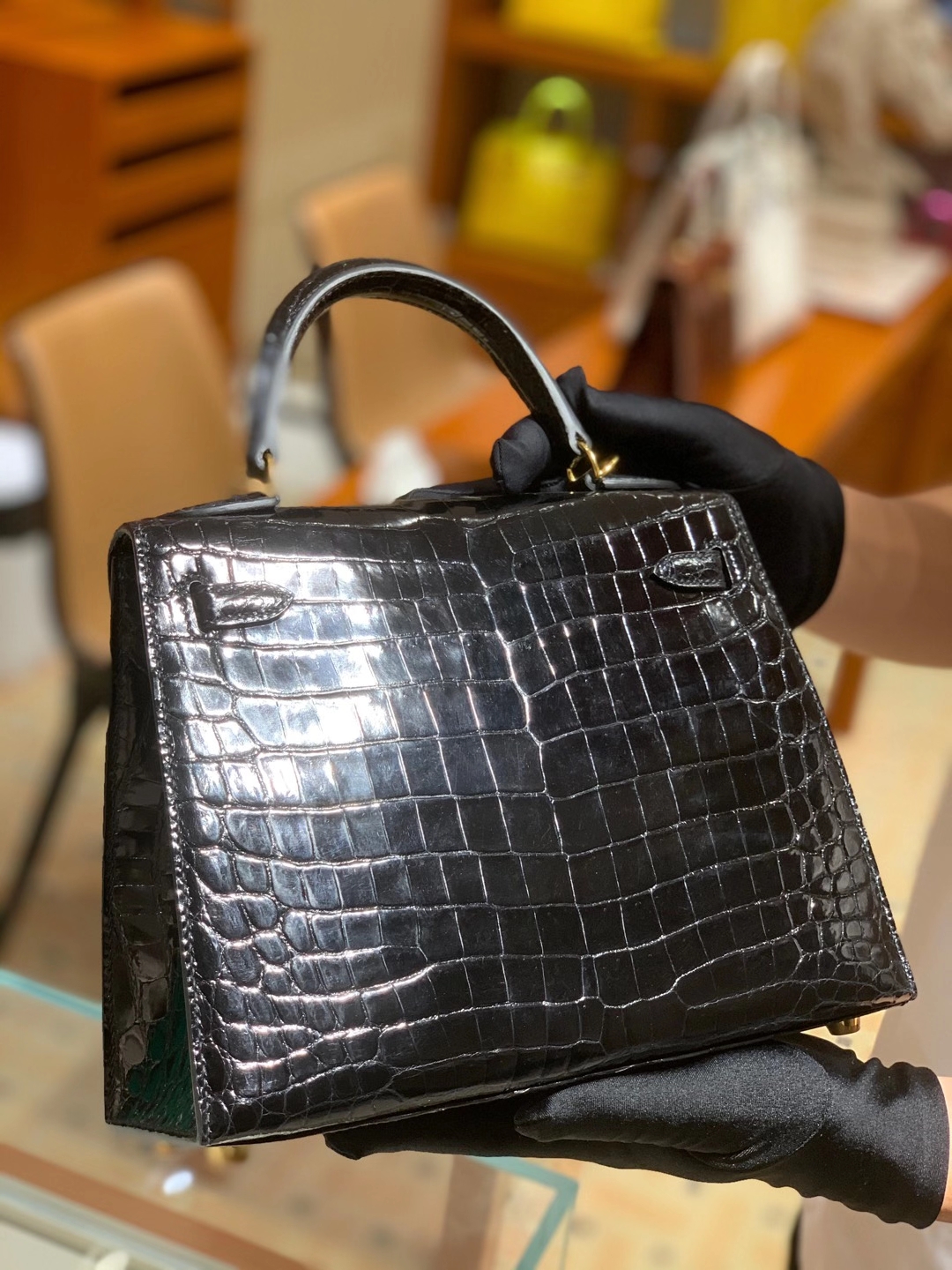 HERMES爱马仕 黑色 凯莉 Kelly 28 金扣银扣 现货 可接受订货 原厂进口鳄鱼皮-铂金女王 HERMES爱马仕 黑色 凯莉 Kelly 28 金扣银扣 现货 可接受订货 原厂进口鳄鱼皮