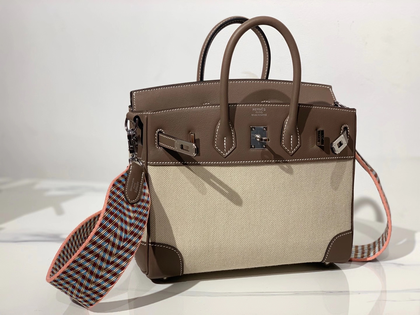HERMES 爱马仕  铂金包 Birkin BOX皮拼帆布 银扣