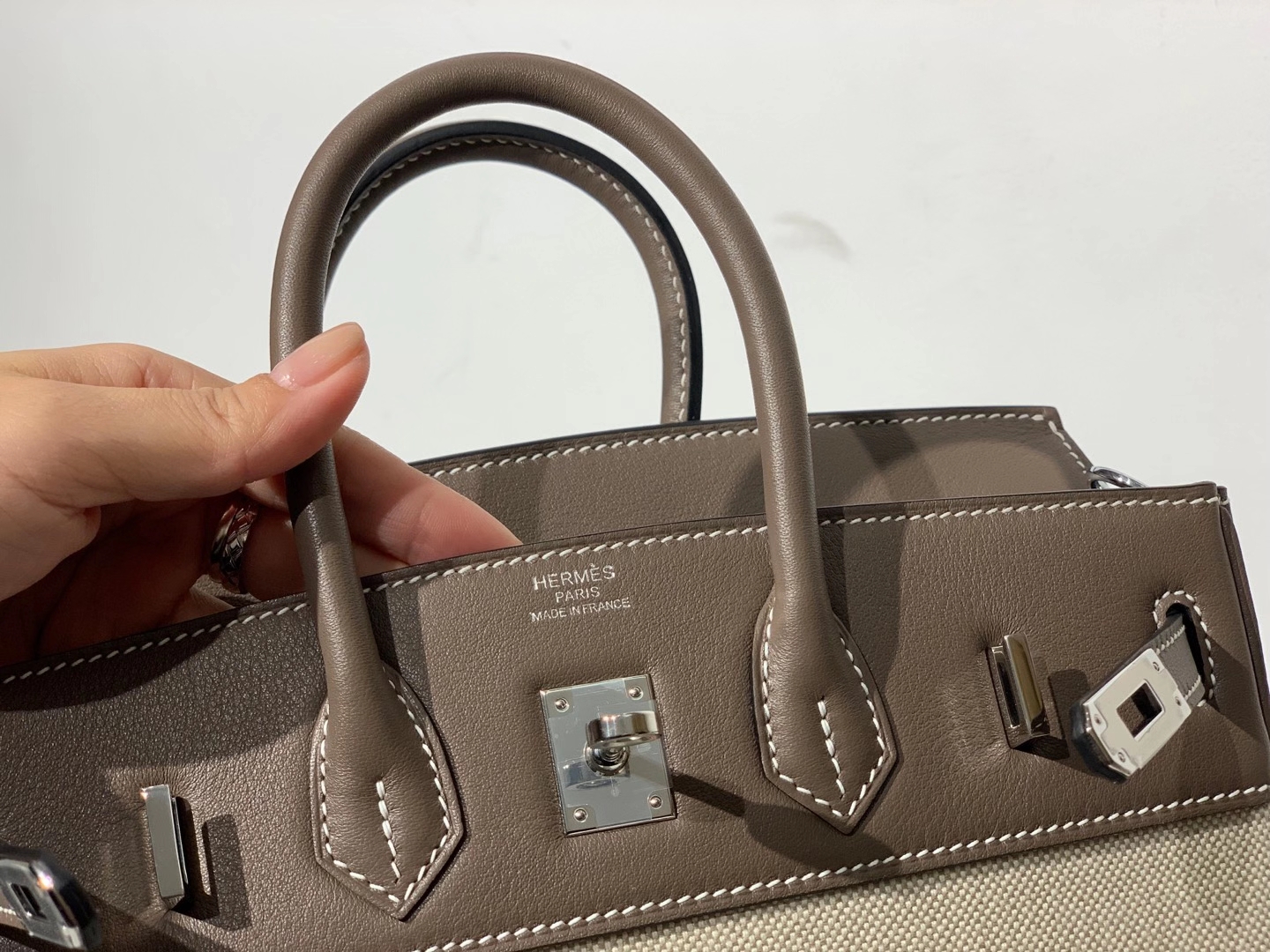 HERMES 爱马仕  铂金包 Birkin BOX皮拼帆布 银扣