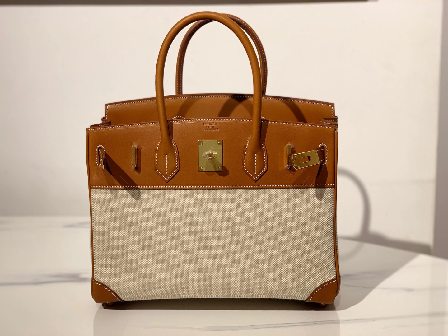 HERMES 爱马仕  铂金包 Birkin BOX皮拼帆布 金扣