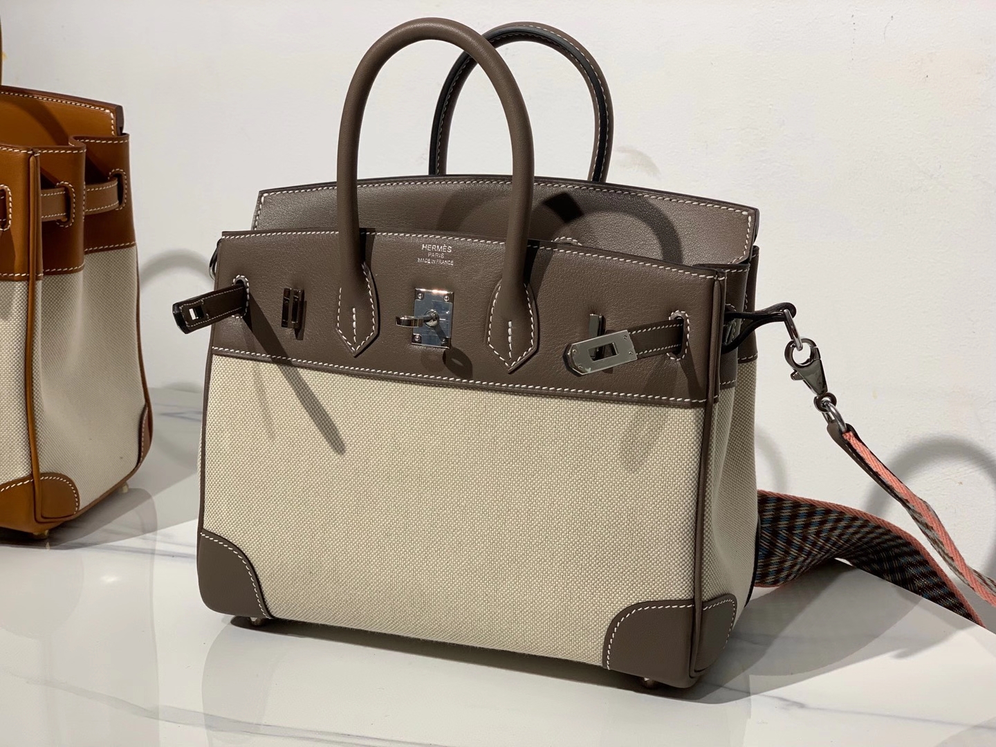 HERMES 爱马仕  铂金包 Birkin BOX皮拼帆布 银扣