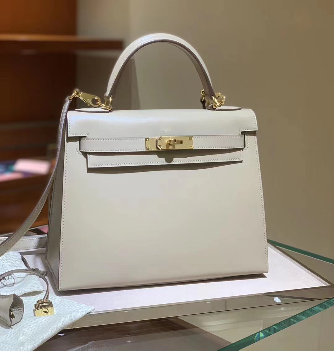 HERMES爱马仕 奶昔白 BOX皮 凯莉包 Kelly 金扣银扣 现货 可接受订货
