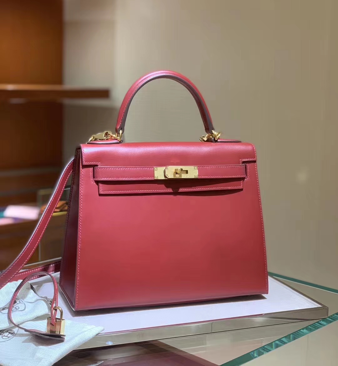 HERMES爱马仕 酒红 BOX皮 凯莉包 Kelly 金扣银扣 现货 可接受订货