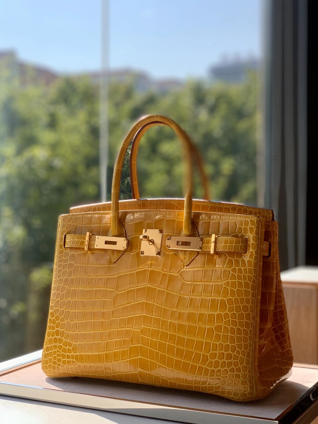HERMES 爱马仕 铂金包 Birkin  爱马仕官网现货 Bk 25高光鳄鱼皮 琥珀黄