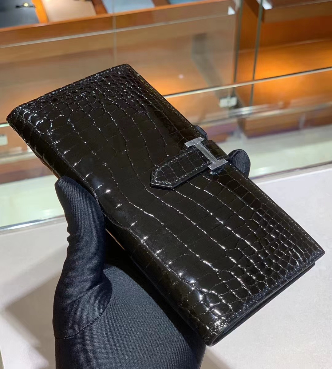HERMES 爱马仕 黑色 鳄鱼皮 银扣 Bearn Wallet