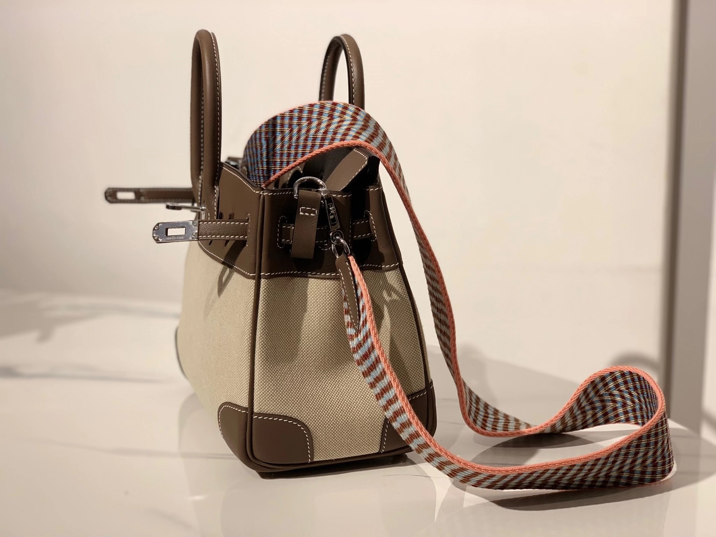 HERMES 爱马仕  铂金包 Birkin BOX皮拼帆布 银扣