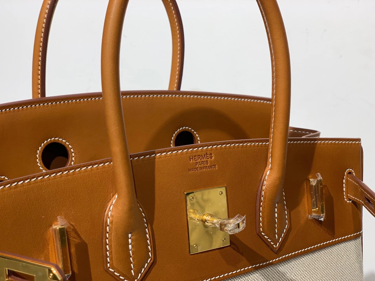 HERMES 爱马仕  铂金包 Birkin BOX皮拼帆布 金扣