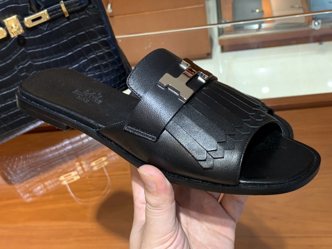 HERMES 新款鱼嘴平跟拖鞋 黑色 小羊皮材质 手工定制 货期12天