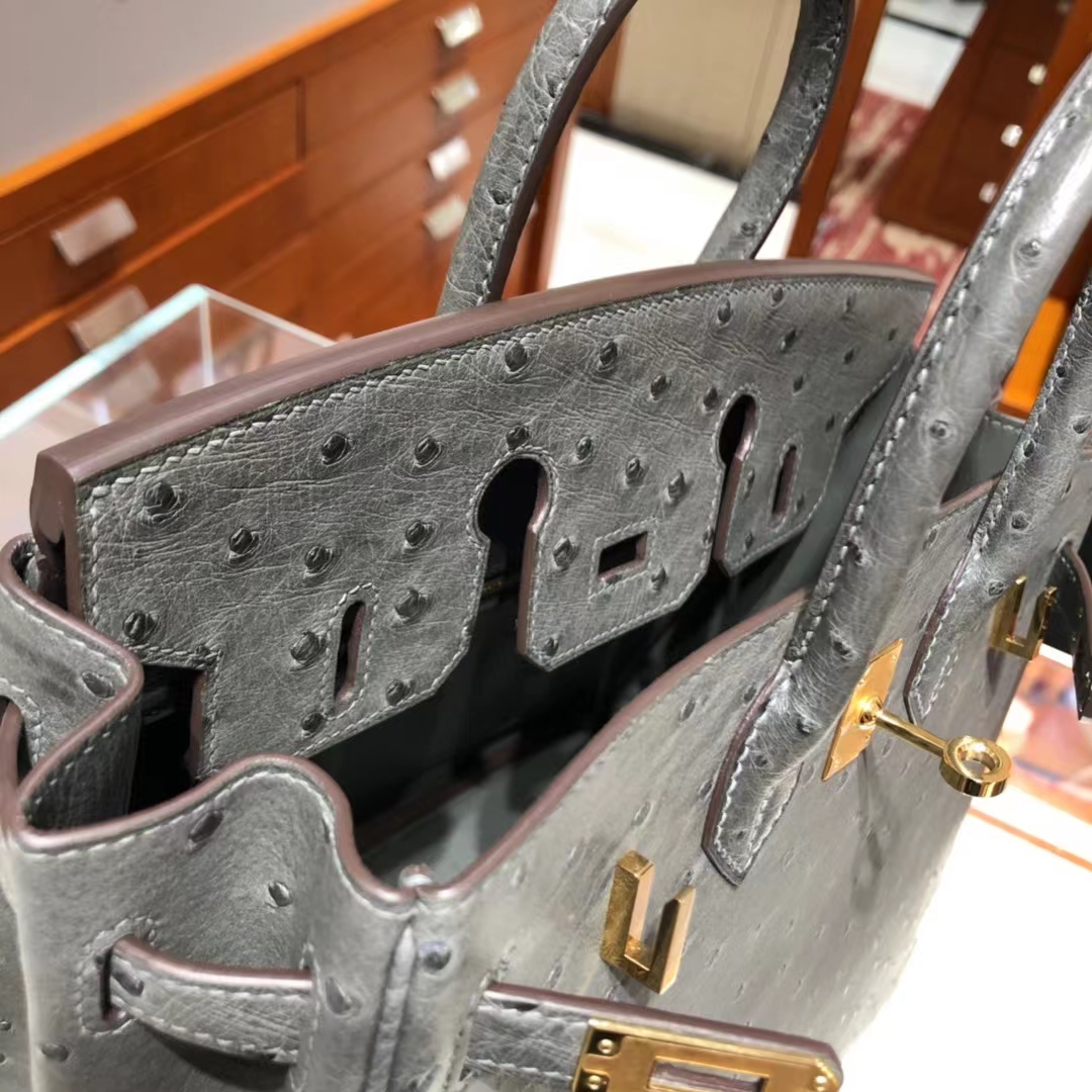 HERMES 爱马仕 Birkin 25cm kk级鸵鸟皮 8F 锡器灰 现货