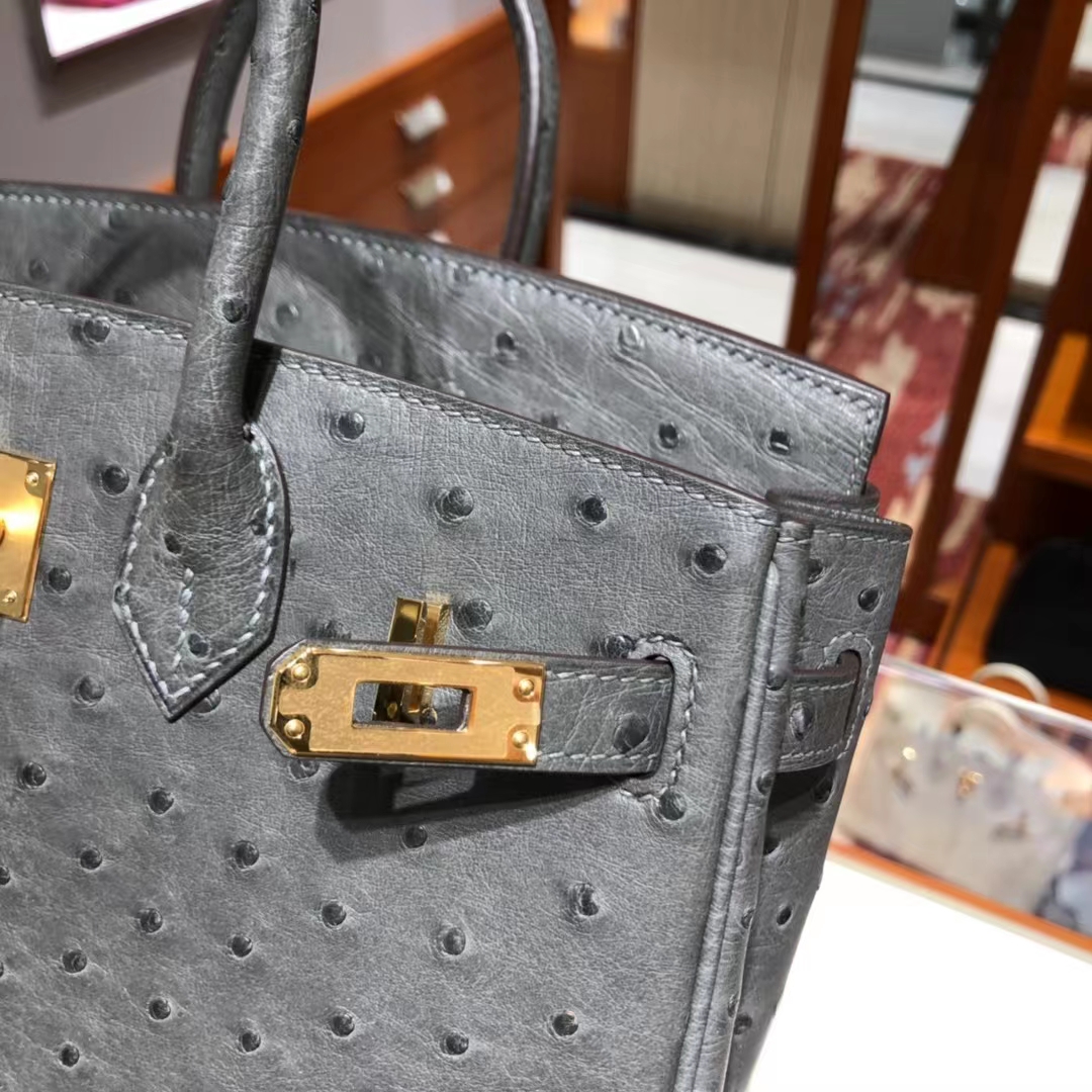 HERMES 爱马仕 Birkin 25cm kk级鸵鸟皮 8F 锡器灰 现货