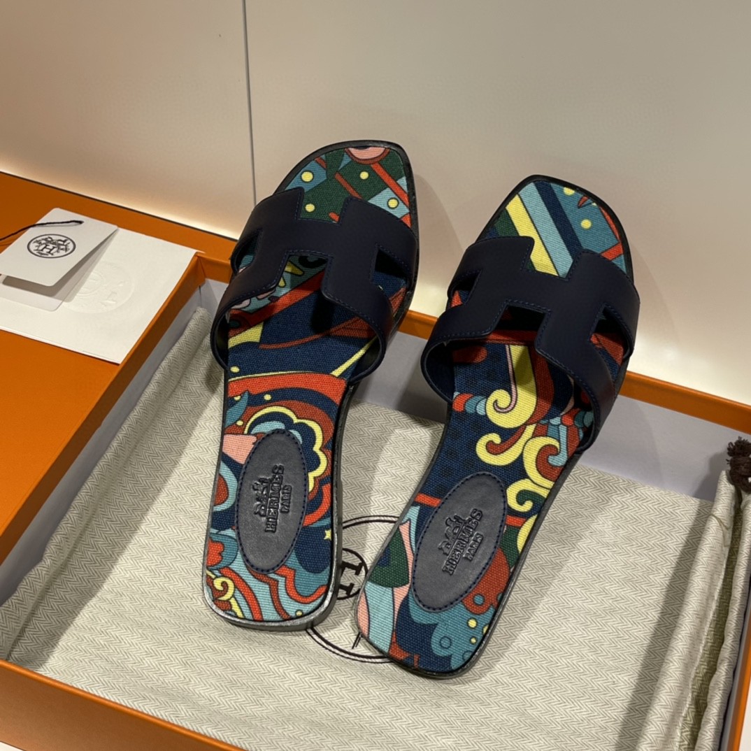 爱马仕 HERMES 手工定制拖鞋 皇家蓝 布底  35-41码 (偏小一码) 货期12天