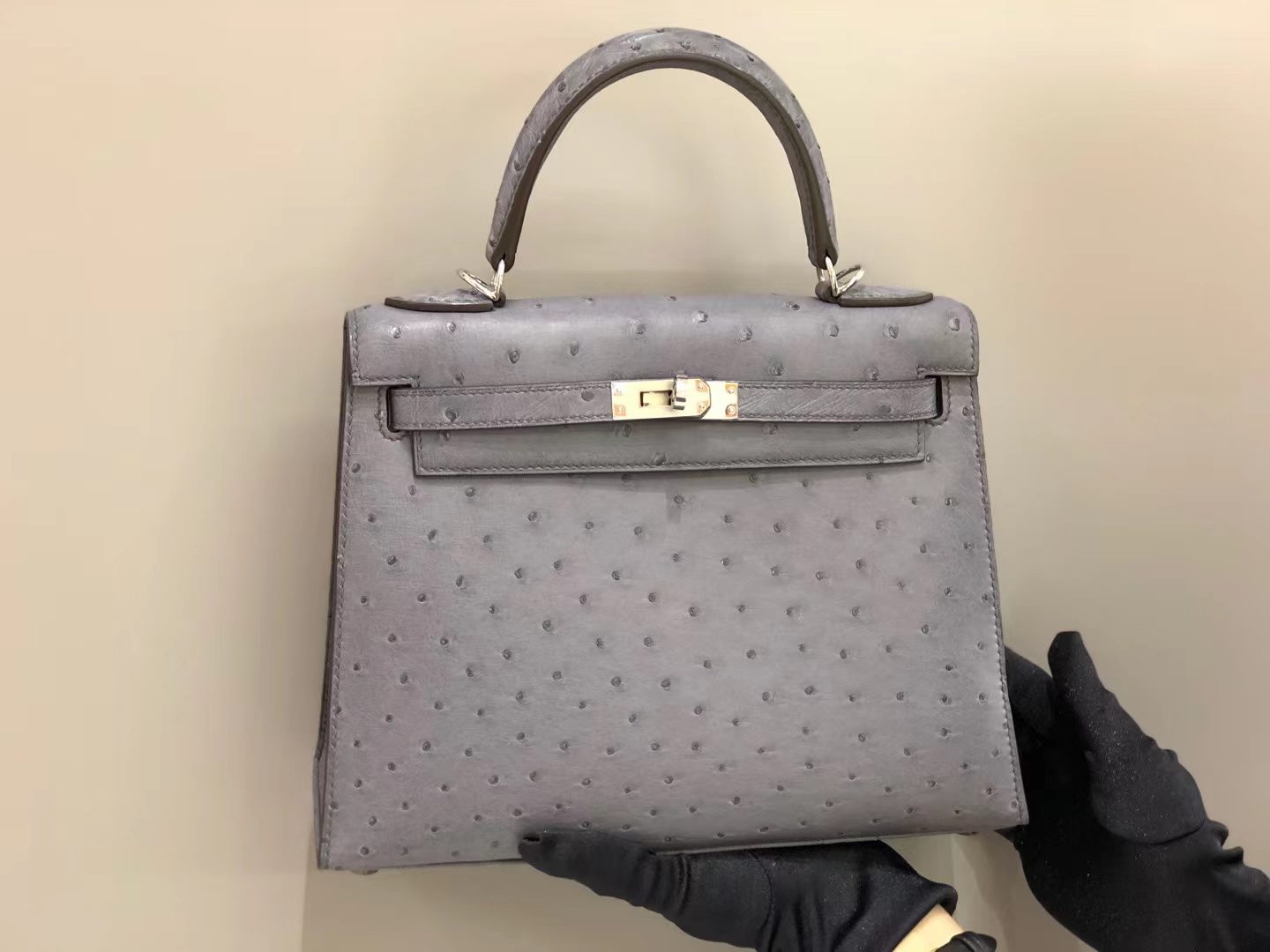 HERMES 爱马仕 Kelly 25cm kk级鸵鸟皮 82 玛瑙灰 现货