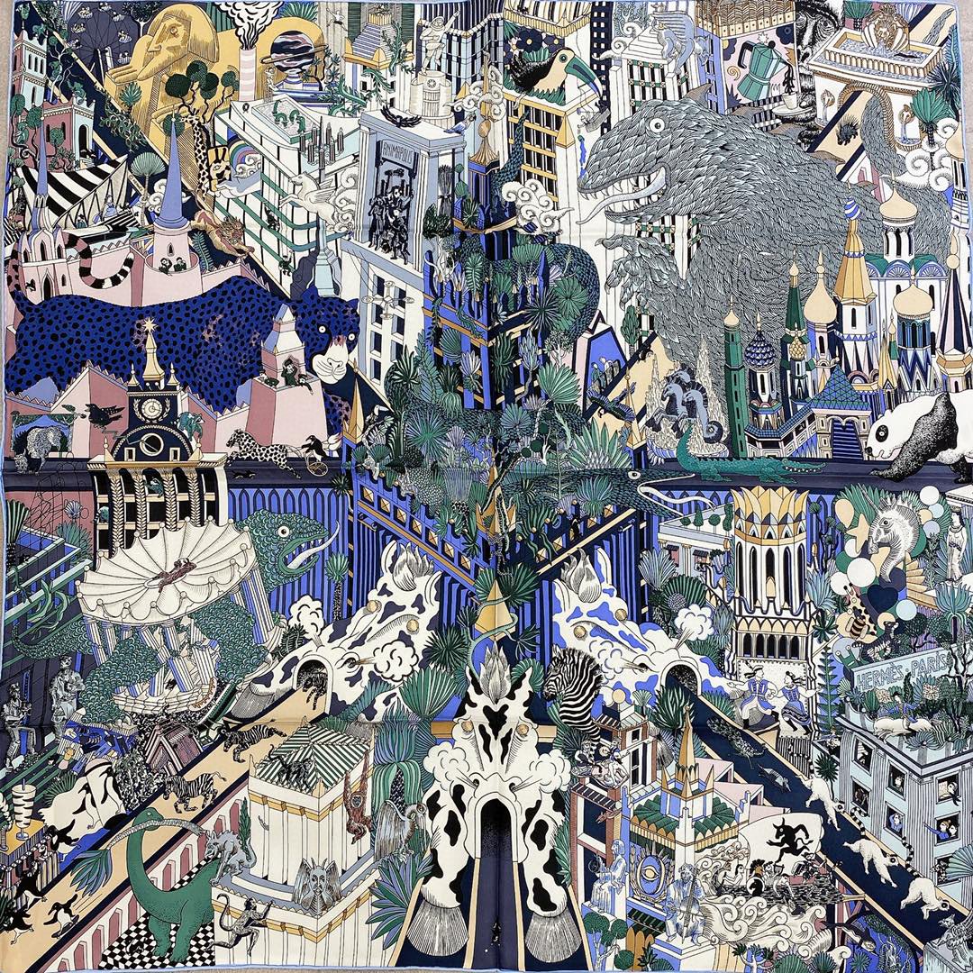 HERMES 爱马仕 夏季新款《动物之城丝巾》紫色 Size：90x90cm 100%真丝