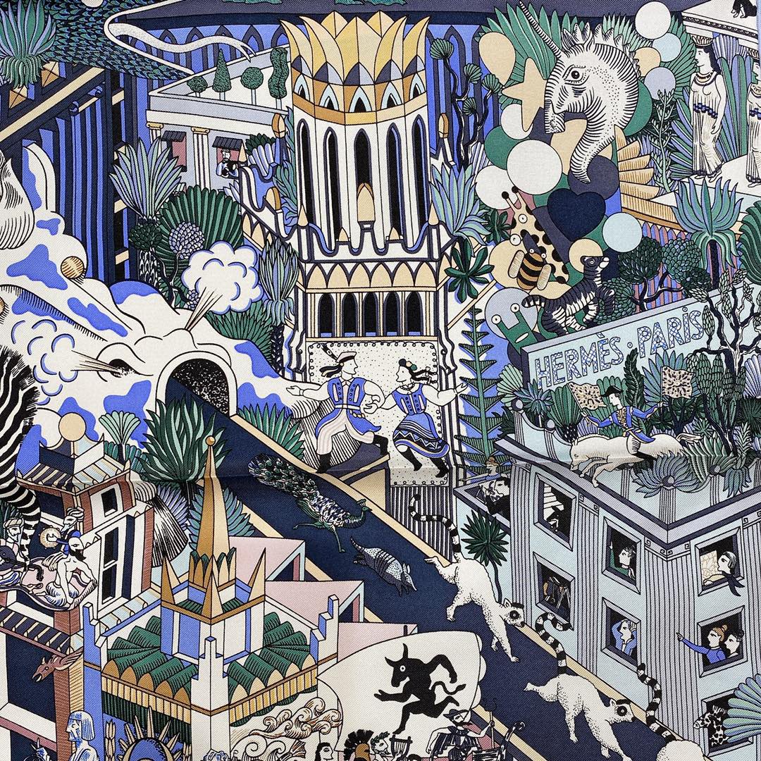 HERMES 爱马仕 夏季新款《动物之城丝巾》紫色 Size：90x90cm 100%真丝