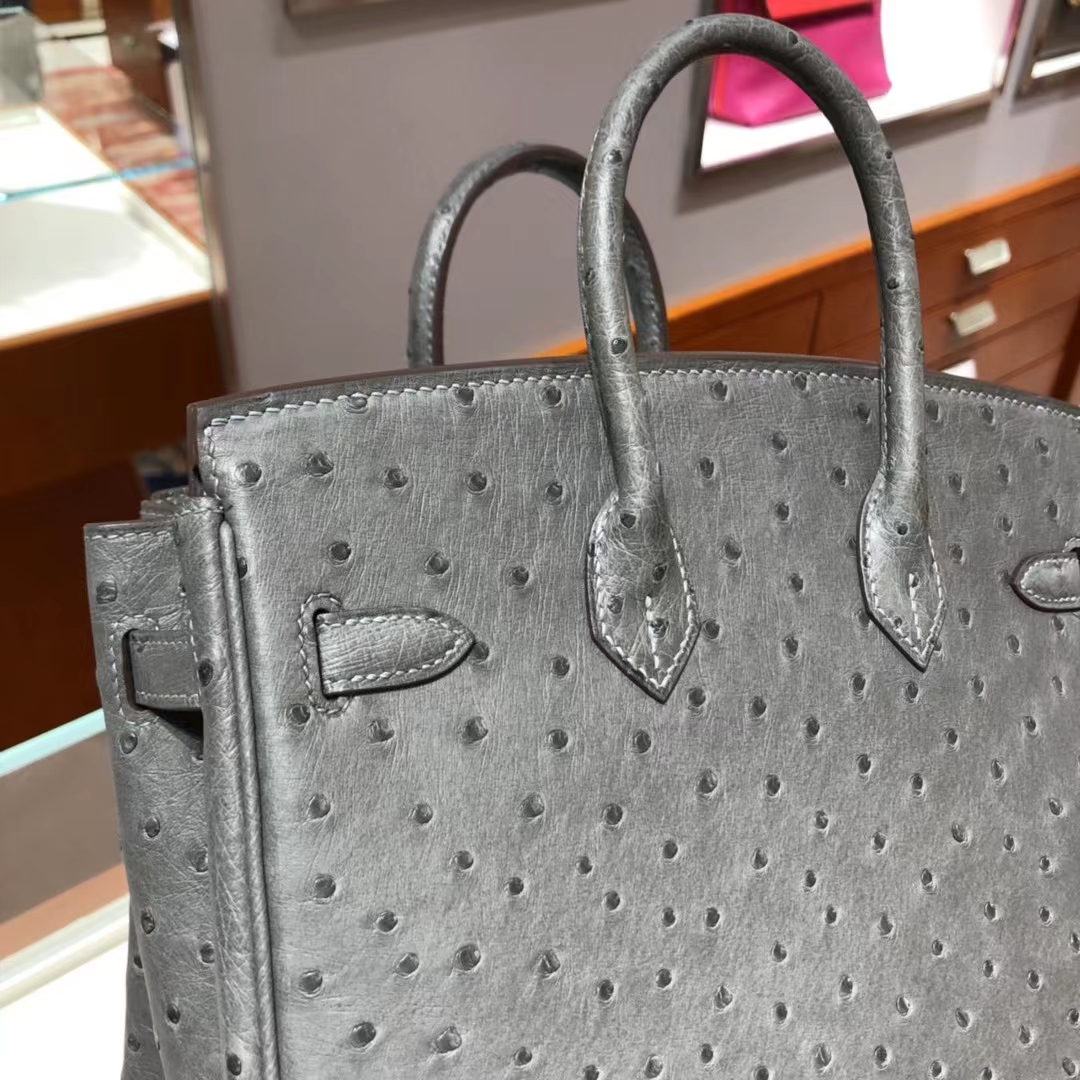 HERMES 爱马仕 Birkin 25cm kk级鸵鸟皮 8F 锡器灰 现货