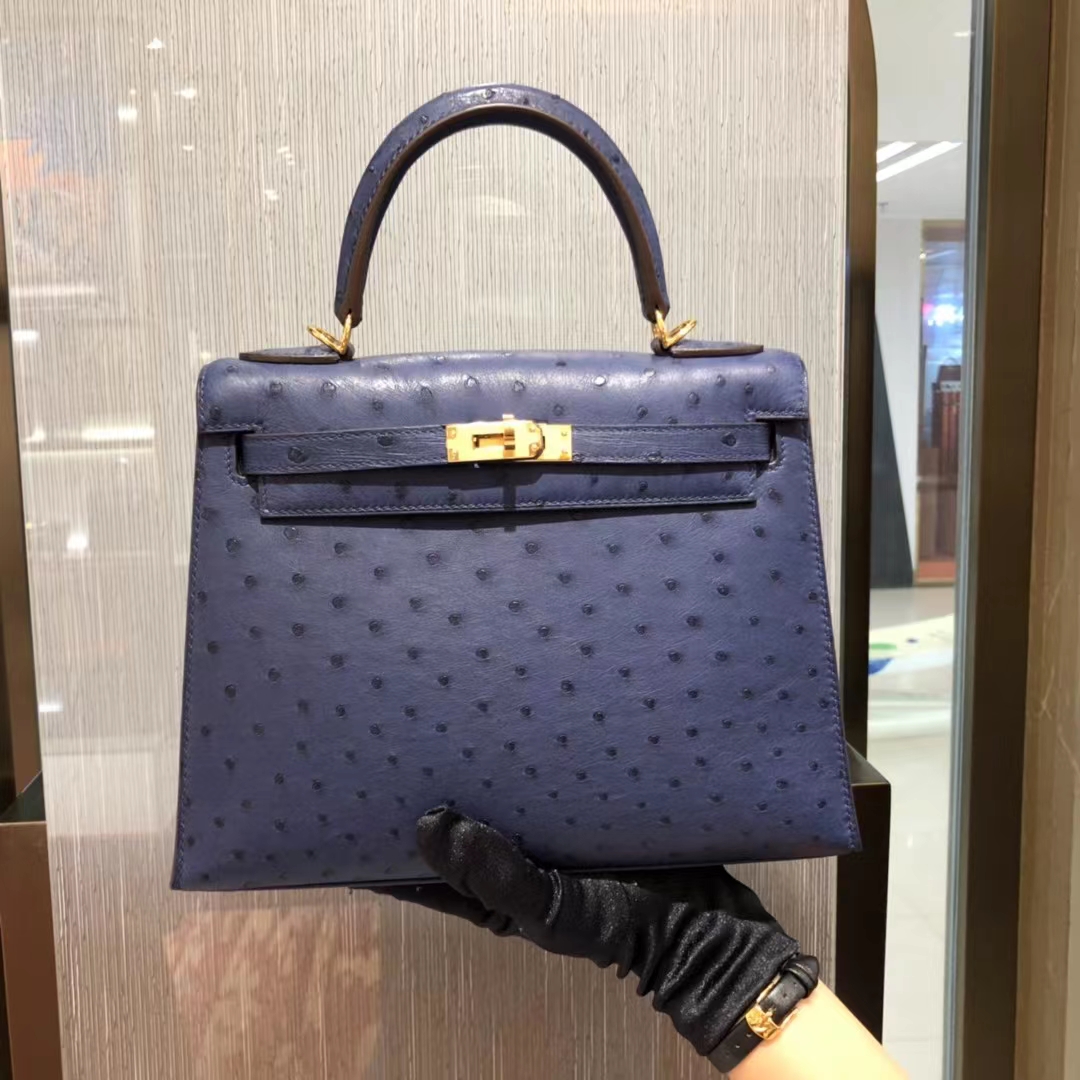 HERMES 爱马仕 Kelly 25cm kk级鸵鸟皮 77 鸢尾蓝 现货-铂金女王 HERMES 爱马仕 Kelly 25cm kk级鸵鸟皮 77 鸢尾蓝 现货
