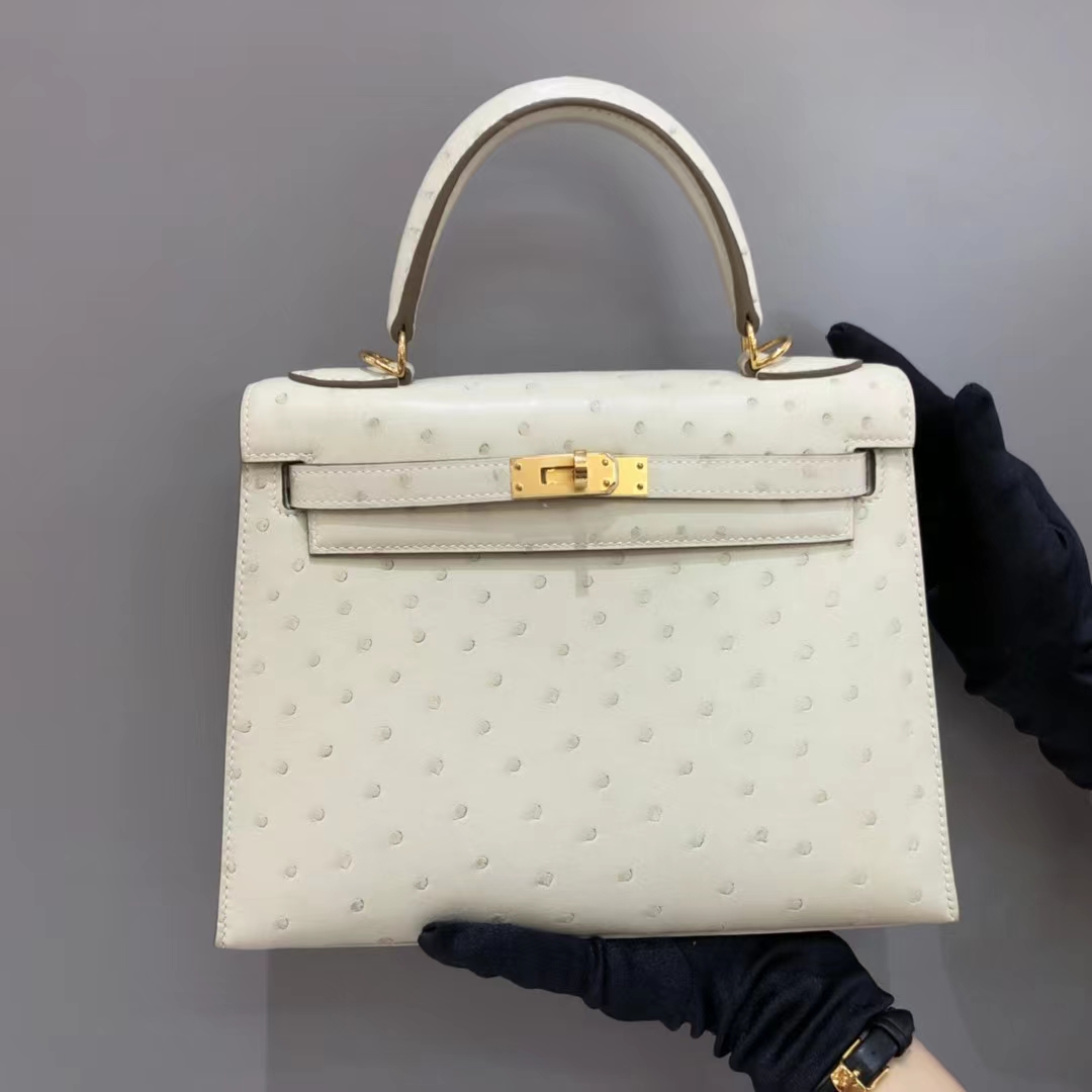 HERMES 爱马仕 Kelly 25cm kk级鸵鸟皮 3C 羊毛白 现货