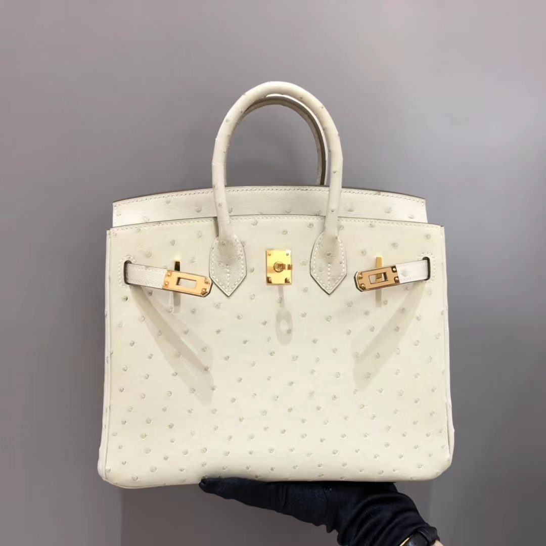 HERMES 爱马仕 Birkin 25cm kk级鸵鸟皮 3C 羊毛白 现货