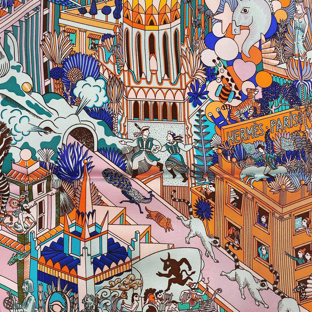 HERMES 爱马仕 夏季新款《动物之城丝巾》紫色 Size：90x90cm 100%真丝