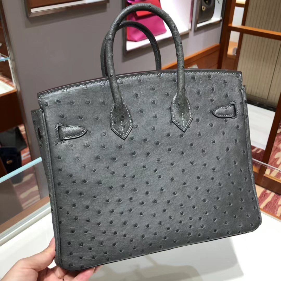 HERMES 爱马仕 Birkin 25cm kk级鸵鸟皮 8F 锡器灰 现货