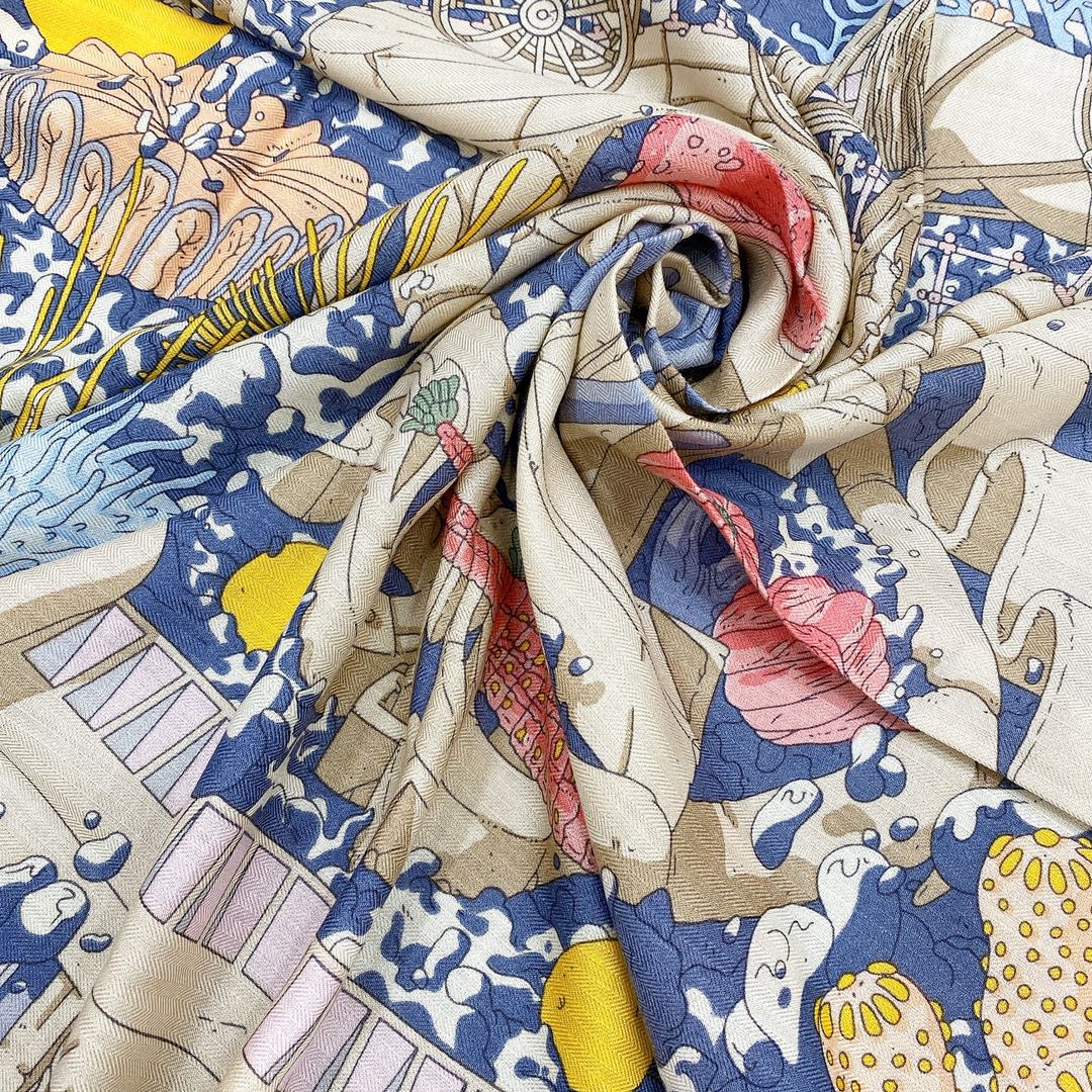 Hermes 秋季款 《藏书章版亚特兰蒂斯丝绒披肩》蓝灰色 Size：140x140cm