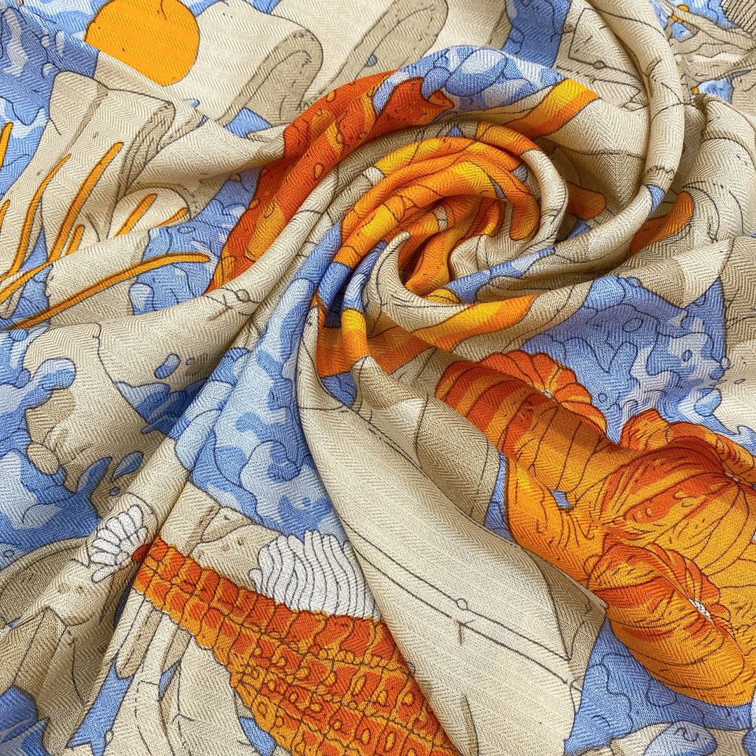 Hermes 秋季款 《藏书章版亚特兰蒂斯丝绒披肩》 蓝橙色 Size：140x140cm