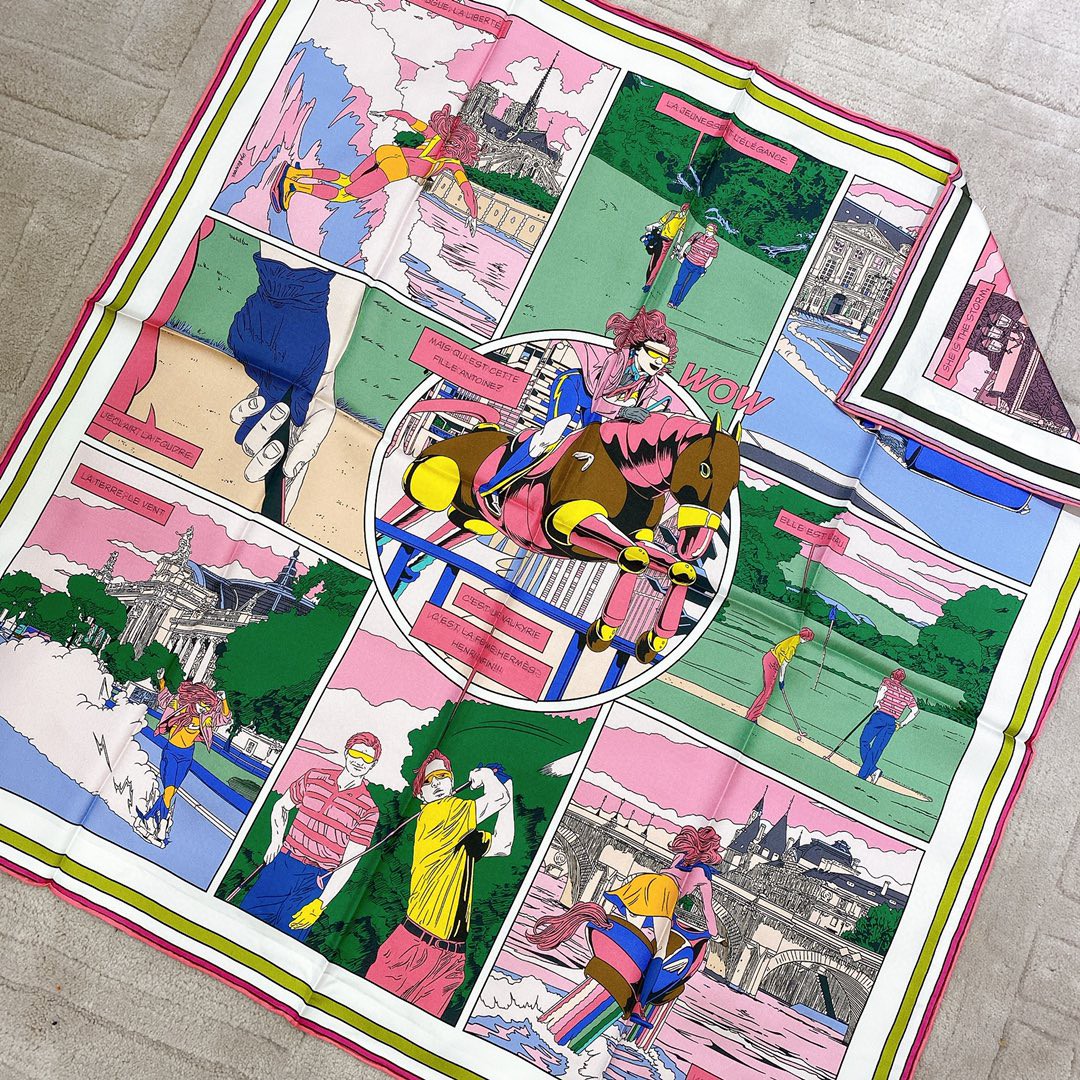 HERMES 《 wow 》双面方巾 粉色 Size：90x90cm 100%真丝 18mm足专柜克重