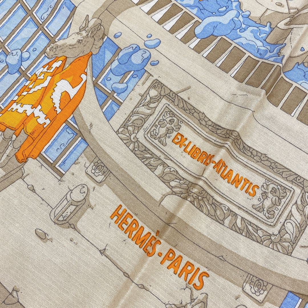 Hermes 秋季款 《藏书章版亚特兰蒂斯丝绒披肩》 蓝橙色 Size:140x140cm-铂金女王 Hermes 秋季款 《藏书章版亚特兰蒂斯丝绒披肩》 蓝橙色 Size:140x140cm