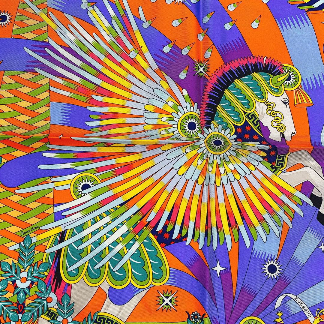 HERMES 21年夏季新款丝巾《飞马之源》橙色 90x90cm 100%真丝材质