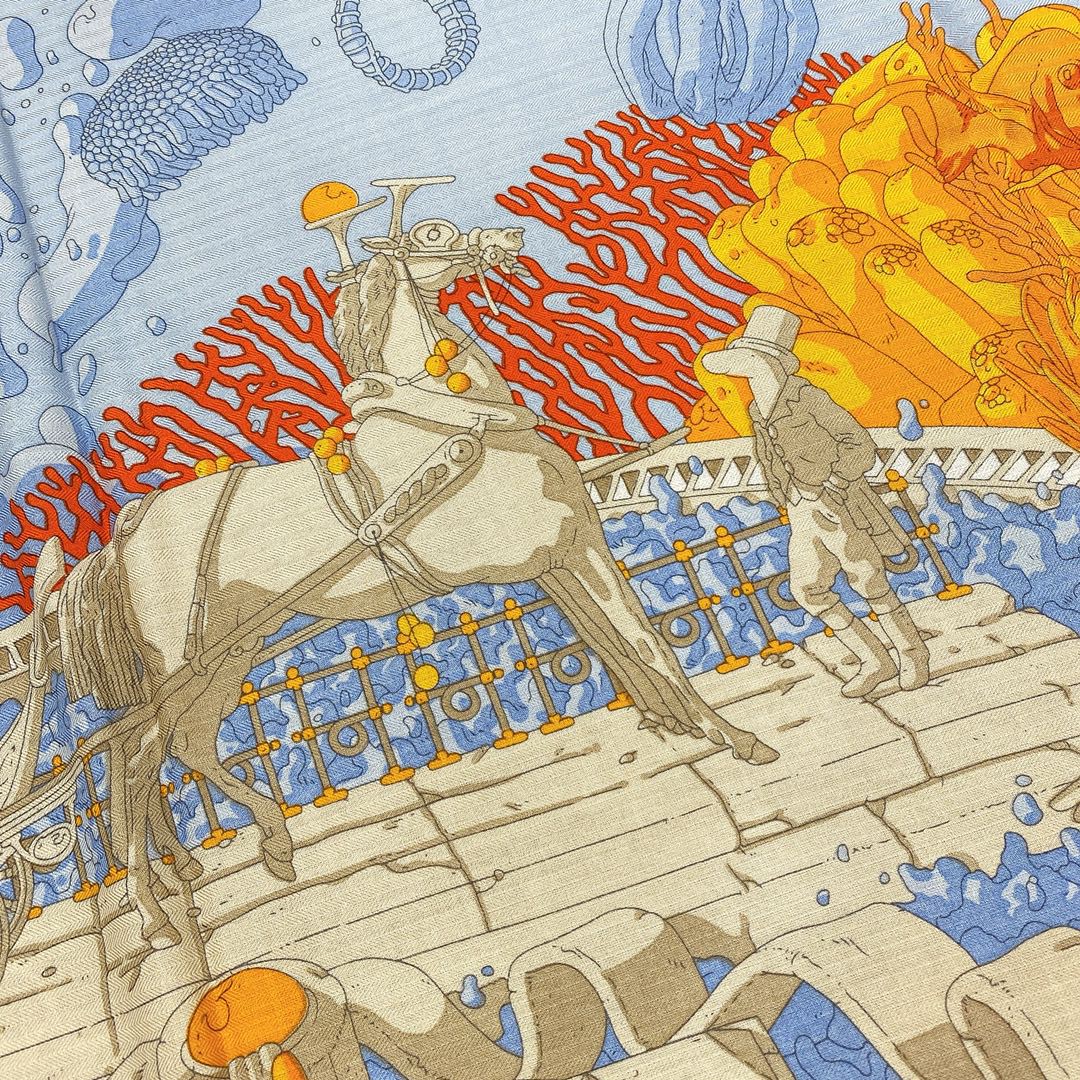Hermes 秋季款 《藏书章版亚特兰蒂斯丝绒披肩》 蓝橙色 Size：140x140cm