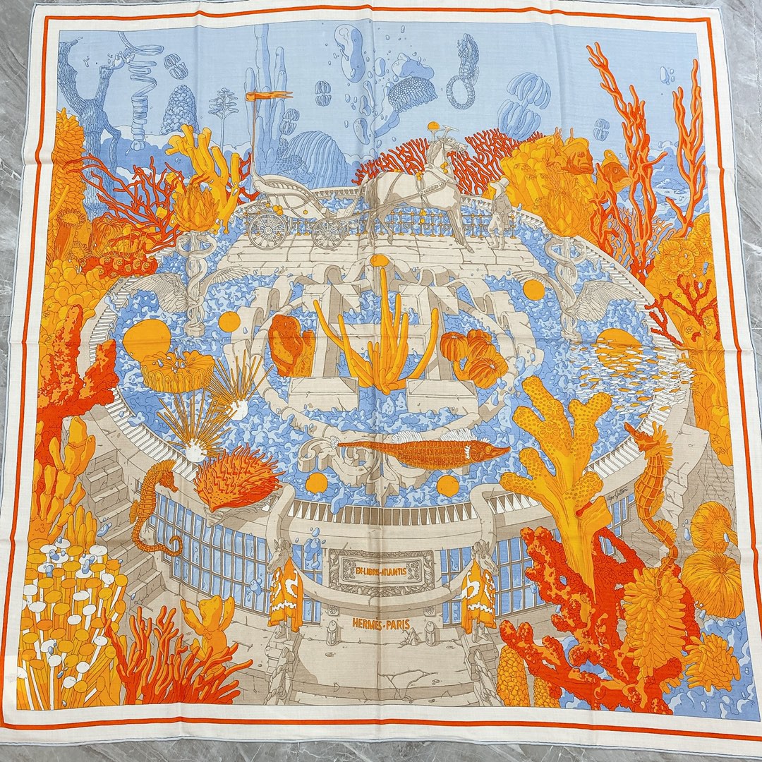 Hermes 秋季款 《藏书章版亚特兰蒂斯丝绒披肩》 蓝橙色 Size：140x140cm