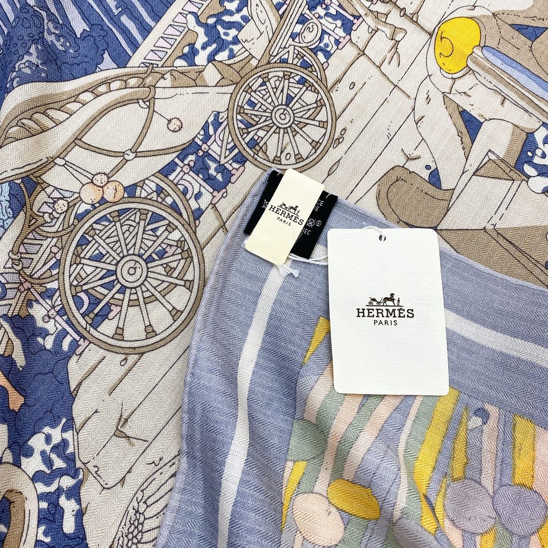 Hermes 秋季款 《藏书章版亚特兰蒂斯丝绒披肩》蓝灰色 Size：140x140cm