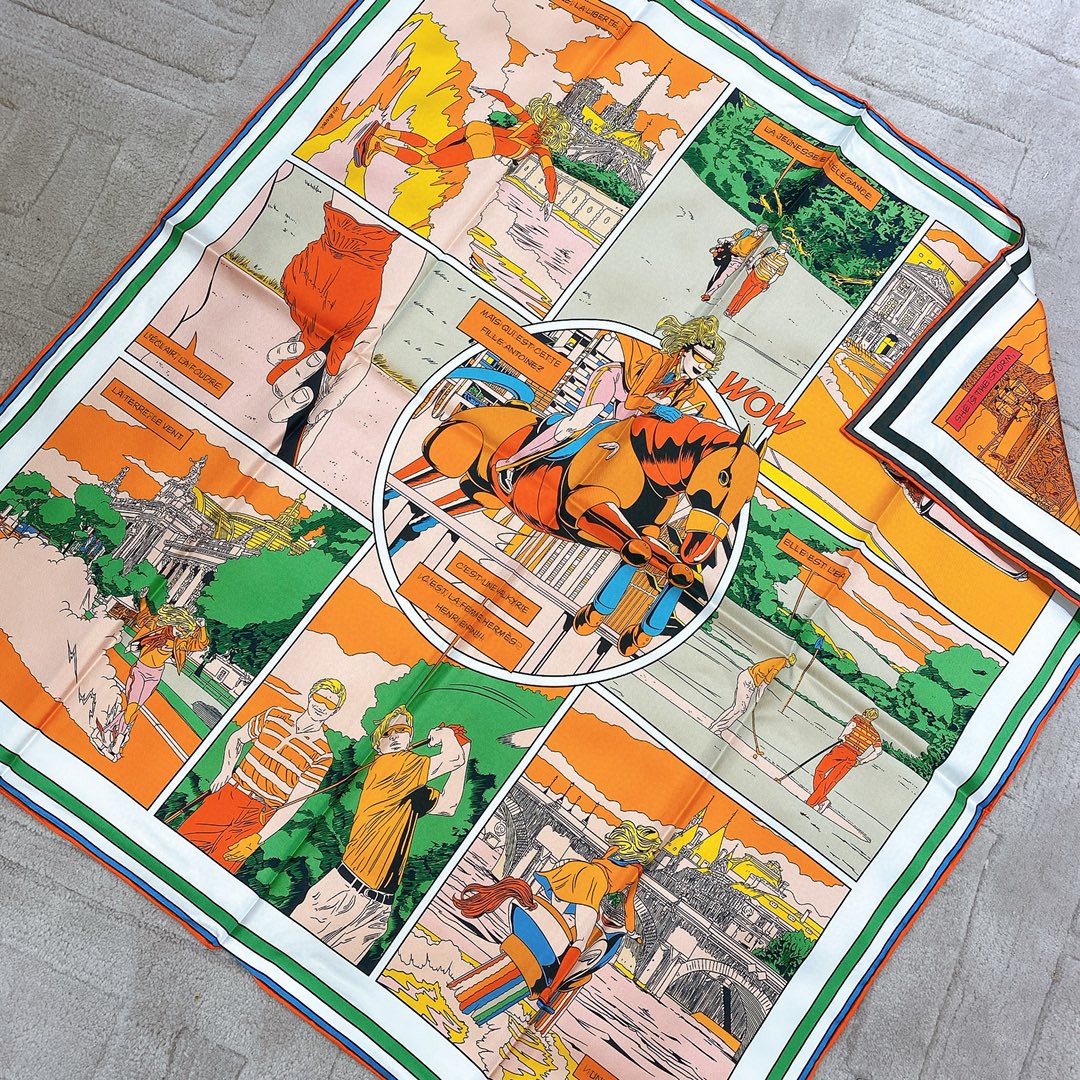 HERMES 《 wow 》双面方巾 橙色90x90cm100%真丝18mm足专柜克重