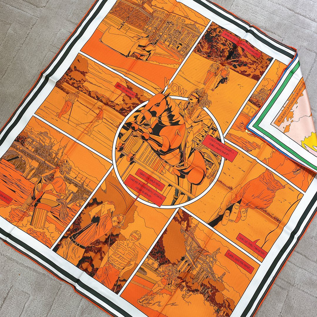 HERMES 《 wow 》双面方巾 橙色90x90cm100%真丝18mm足专柜克重-铂金女王 HERMES 《 wow 》双面方巾 橙色90x90cm100%真丝18mm足专柜克重