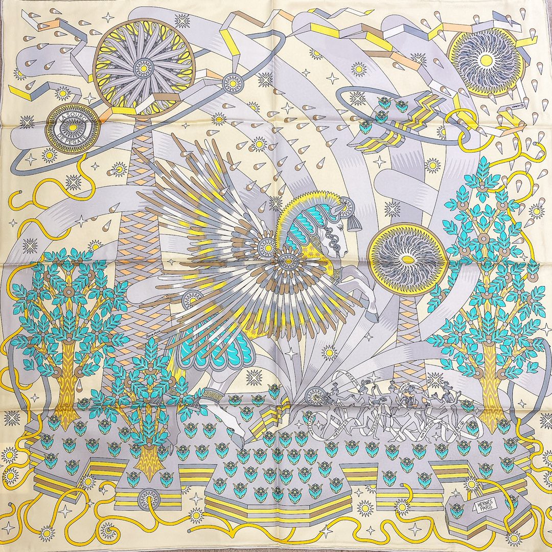 HERMES 21年夏季新款丝巾《飞马之源》黄色 90x90cm 100%真丝材质