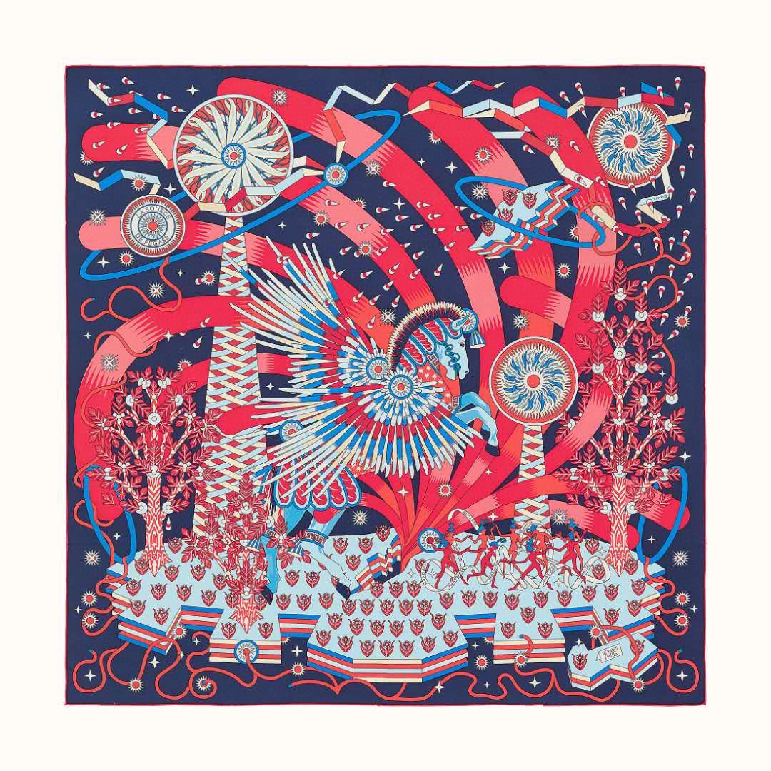 HERMES 21年夏季新款丝巾《飞马之源》深蓝色 90x90cm 100%真丝材质