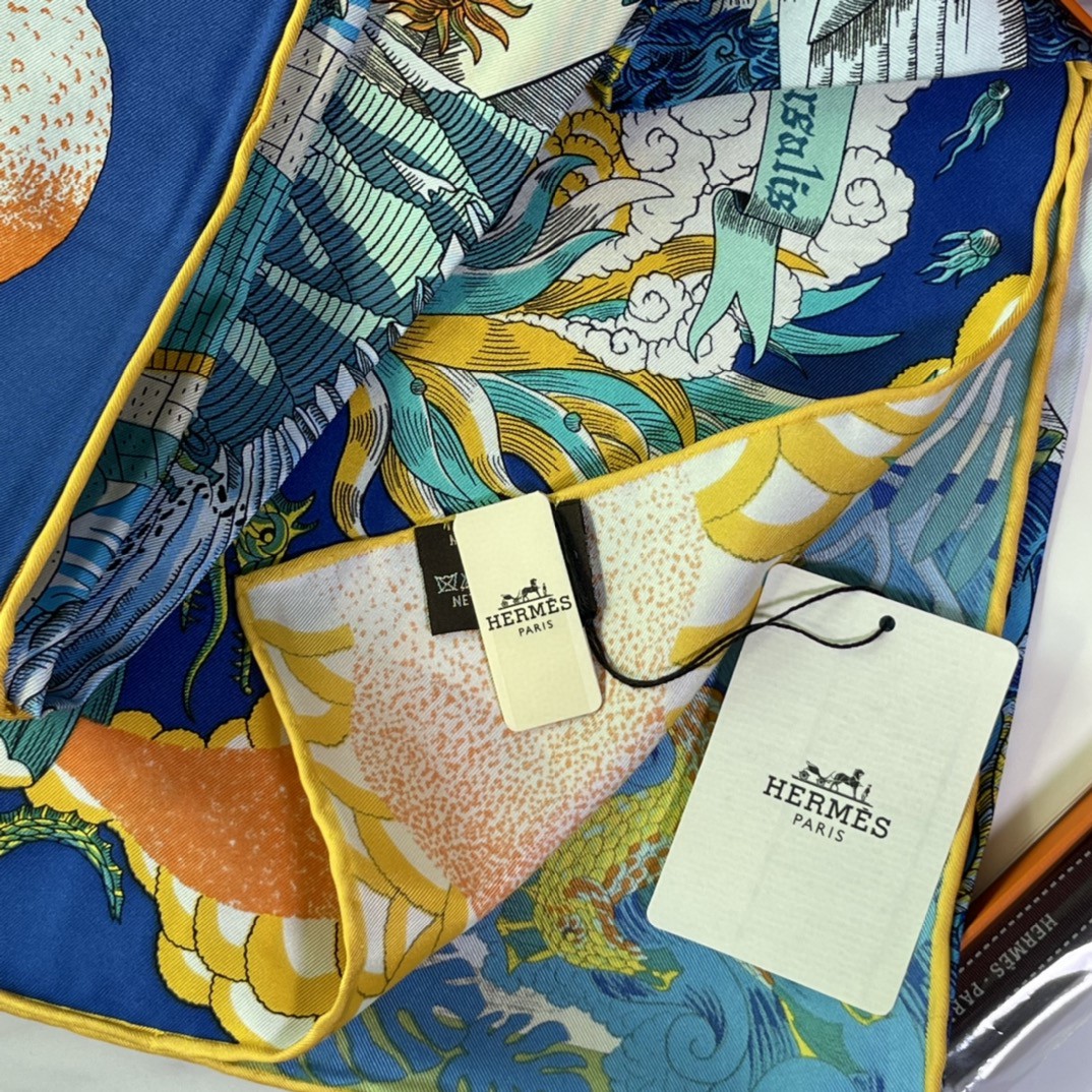 爱马仕 HERMES 21年新款 真丝方巾 电光蓝 18姆米 100%斜纹真丝 90*90cm