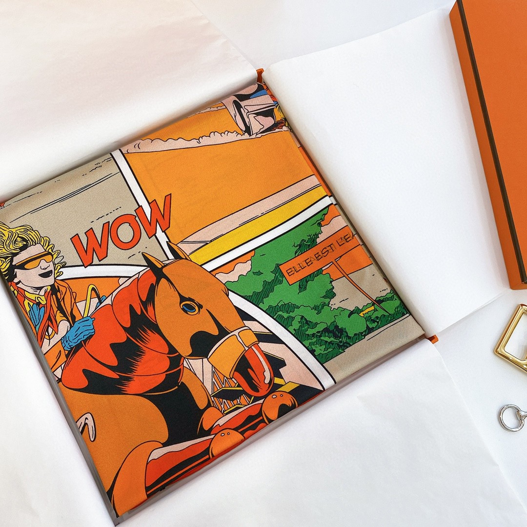 HERMES 《 wow 》双面方巾 橙色90x90cm100%真丝18mm足专柜克重