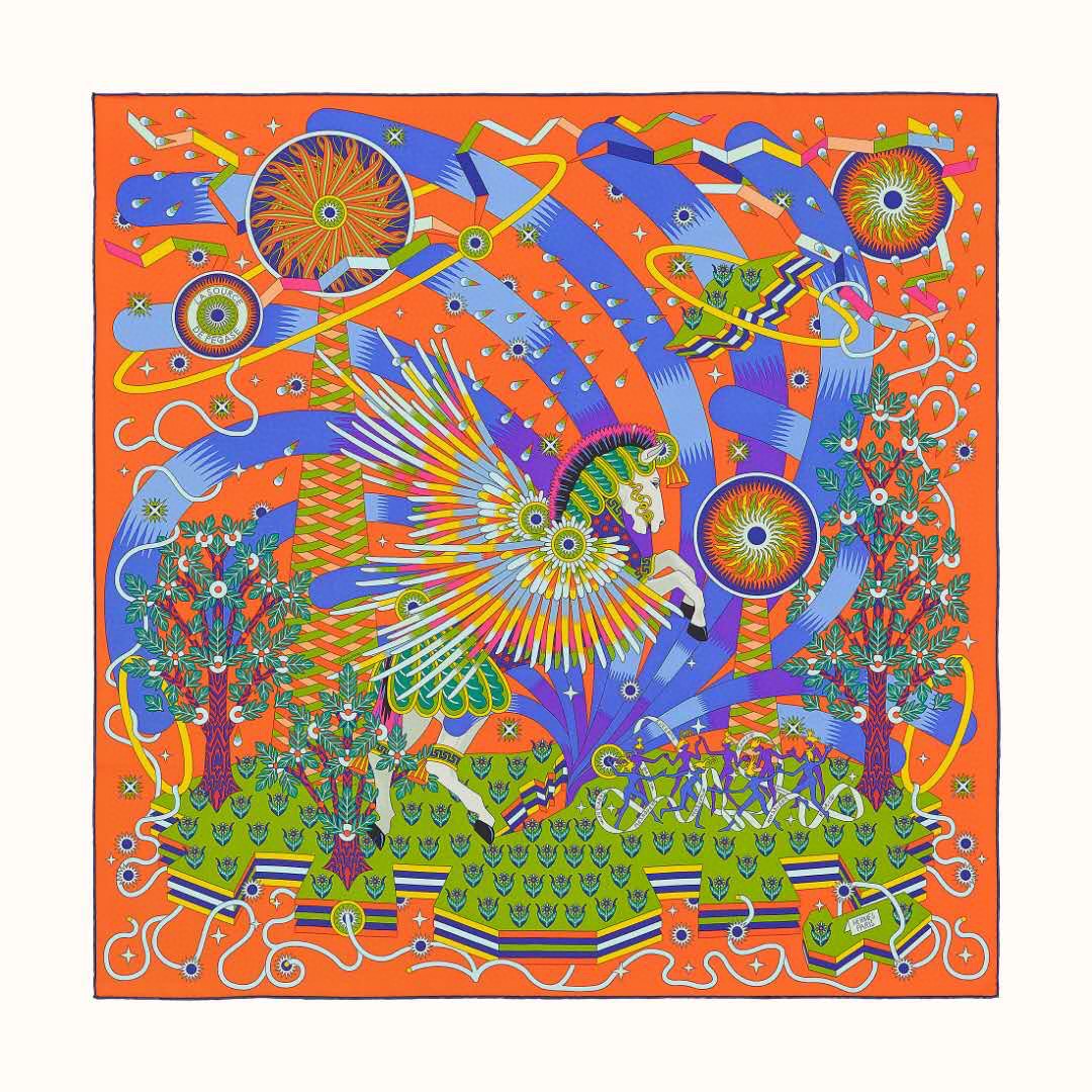 HERMES 21年夏季新款丝巾《飞马之源》橙色 90x90cm 100%真丝材质