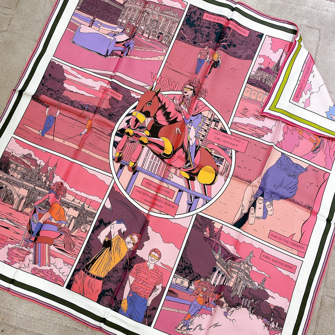 HERMES 《 wow 》双面方巾 粉色 Size：90x90cm 100%真丝 18mm足专柜克重