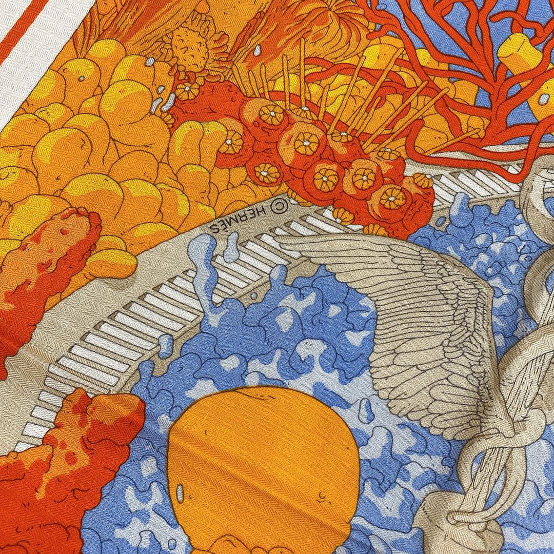 Hermes 秋季款 《藏书章版亚特兰蒂斯丝绒披肩》 蓝橙色 Size：140x140cm