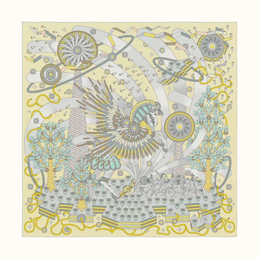 HERMES 21年夏季新款丝巾《飞马之源》黄色 90x90cm 100%真丝材质