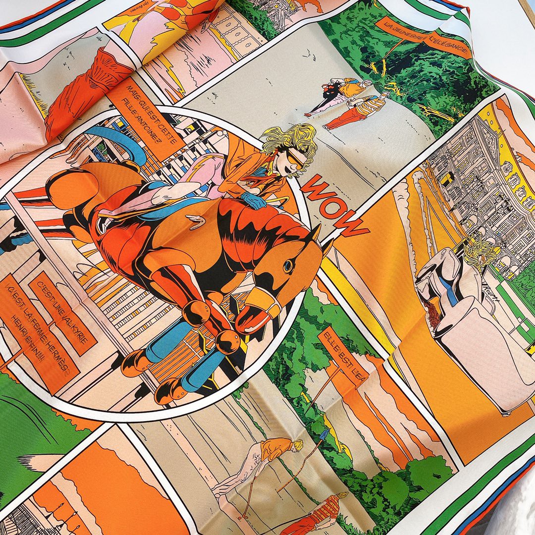 HERMES 《 wow 》双面方巾 橙色90x90cm100%真丝18mm足专柜克重
