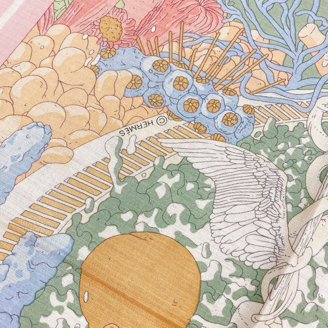 Hermes 秋季款 《藏书章版亚特兰蒂斯丝绒披肩》 粉灰色 Size：140x140cm