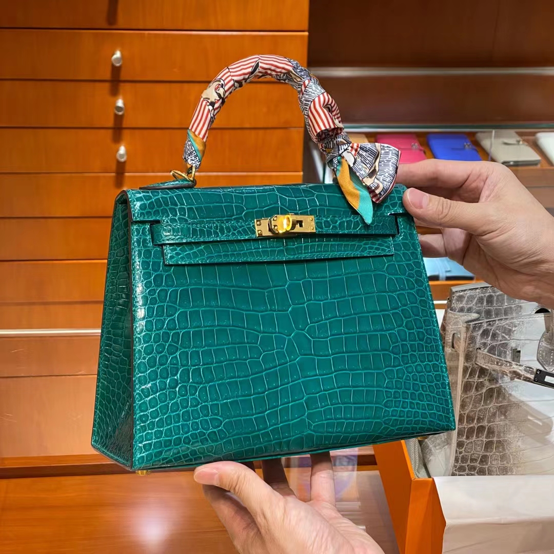 HERMES 爱马仕 Kelly凯莉包 金扣 鳄鱼肚皮 祖母绿