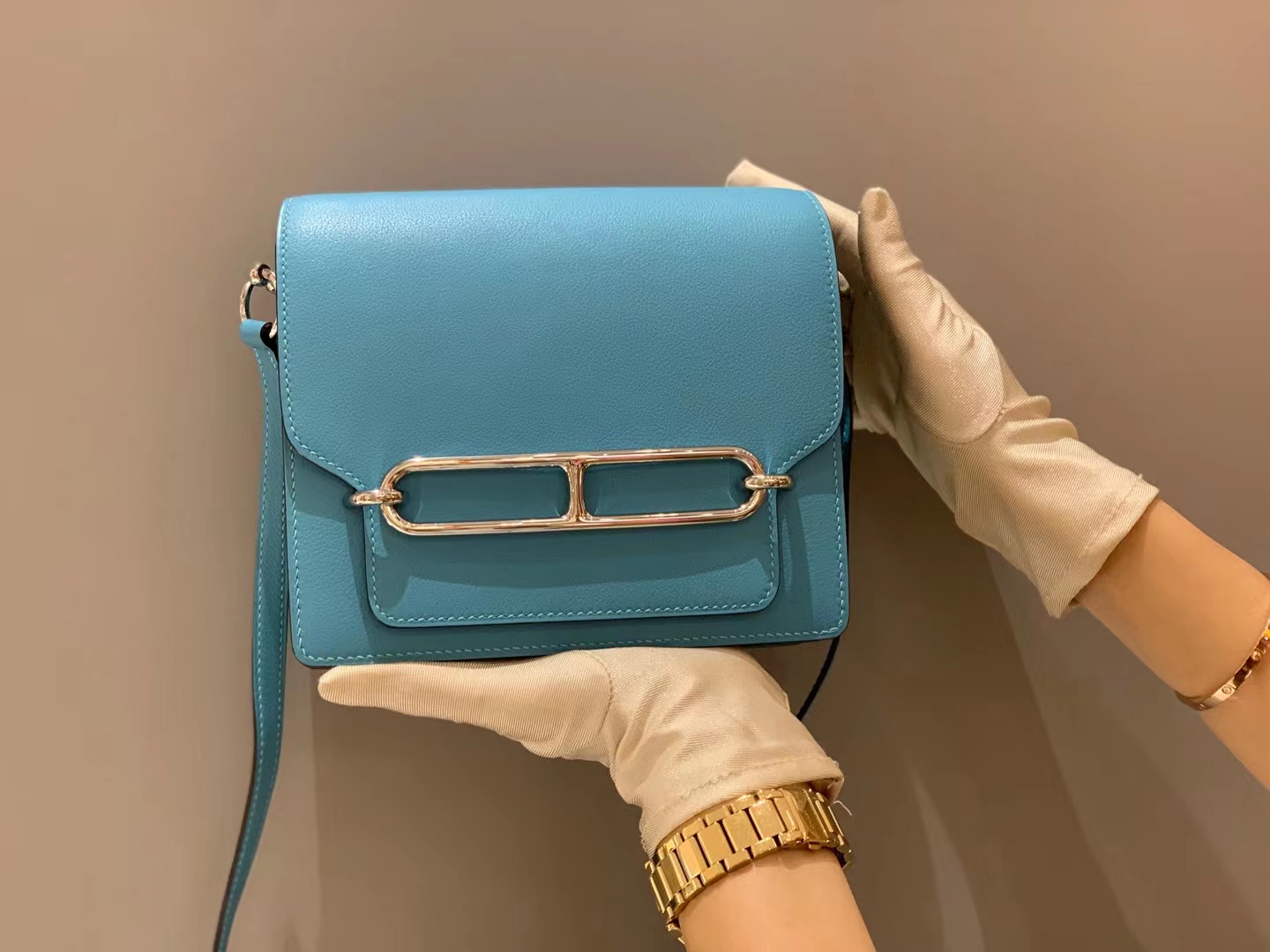 HERMES官网 香港爱马仕 金扣 代工厂出品 湖水蓝 猪鼻子包 Roulis