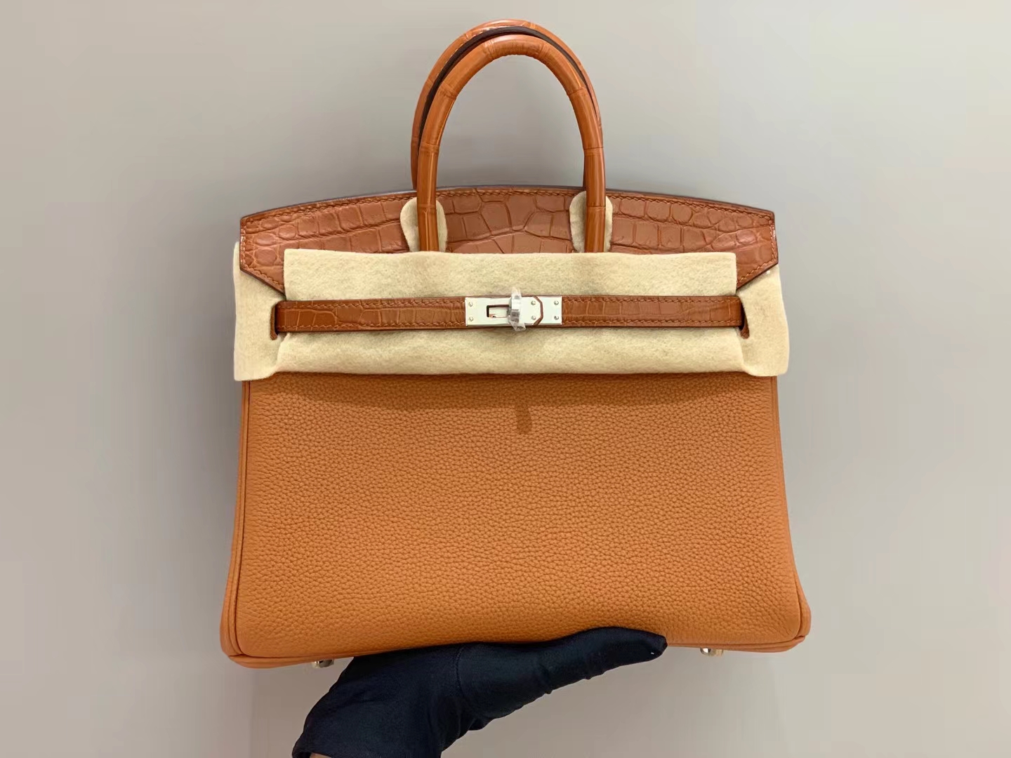 HERMES 香港爱马仕官网 Birkin铂金包 银扣 金棕色 tc拼鳄鱼皮