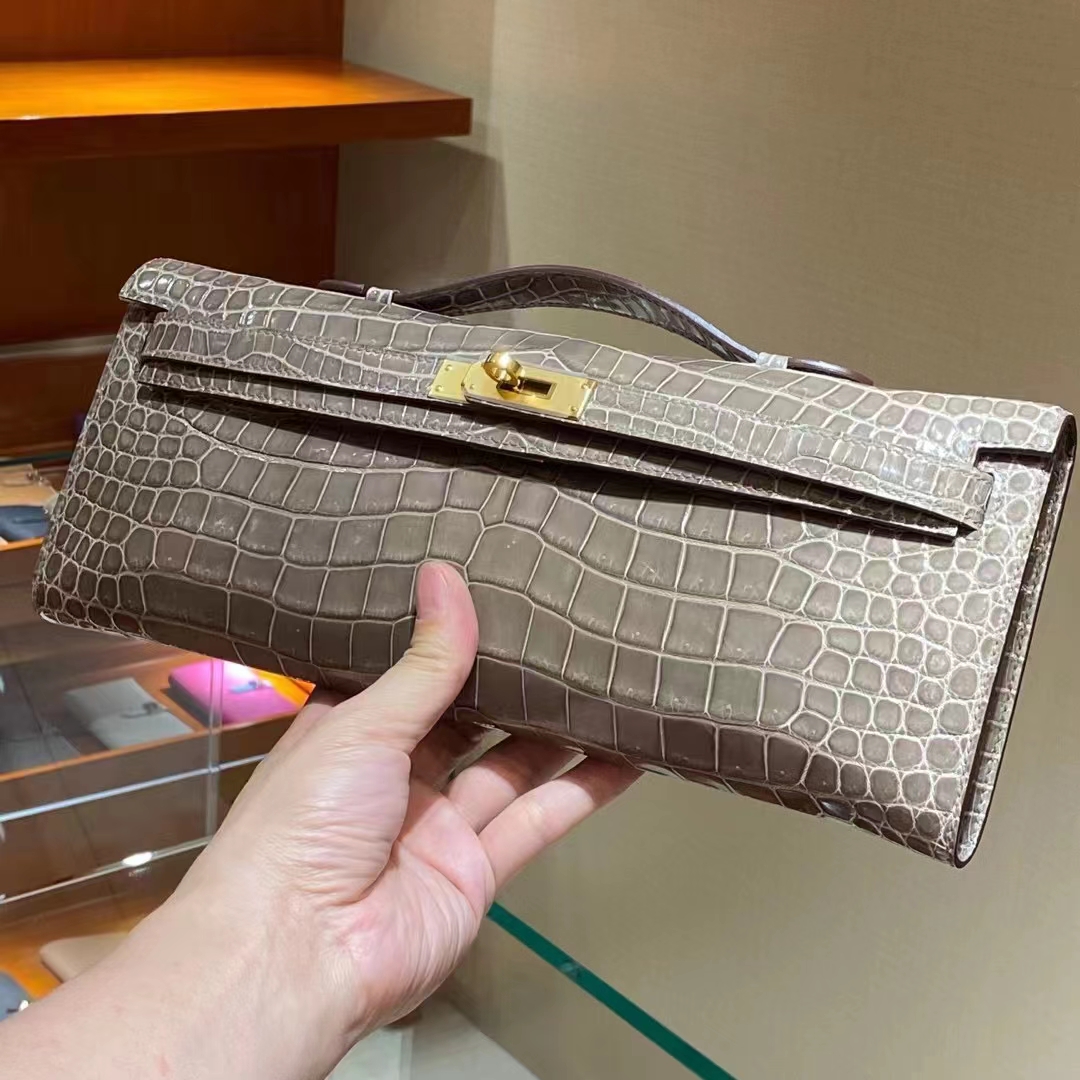 爱马仕香港官网 鳄鱼皮 金银扣 纹路清晰 手感超级好 完胜正品 KellyCut 大象灰