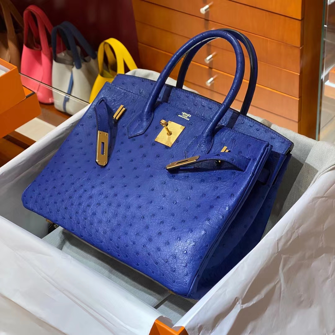 HERMES爱马仕 香港官网 电光蓝 鸵鸟皮 金扣 铂金包Birkin